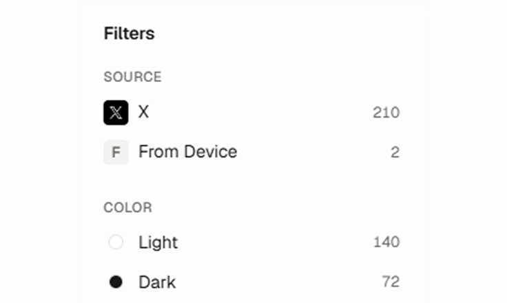 Filter bar with source, colour and tag filters.